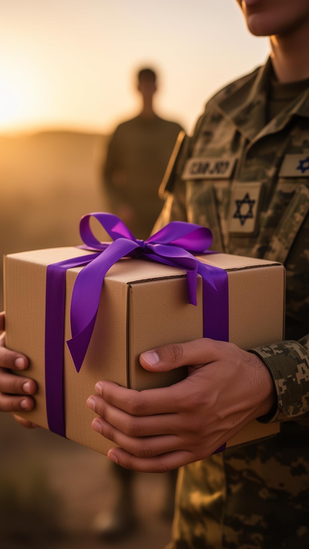 שני לוחמים מצה״ל ליד חבילות של עמותת טוב לב